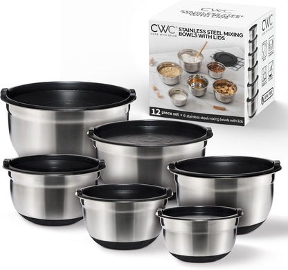 COOK WITH COLOR Stainless Steel Mixing Bowls Set with Lids - Nesting Bowls with Non-Slip Bottom, Sage, 12 Pieces