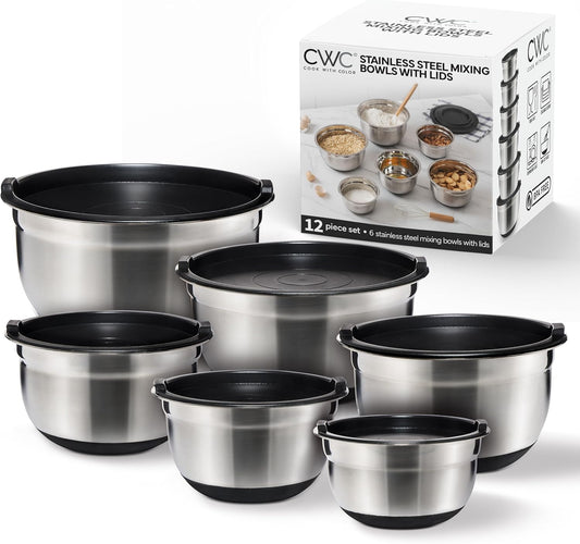 COOK WITH COLOR Stainless Steel Mixing Bowls Set with Lids - Nesting Bowls with Non-Slip Bottom, Sage, 12 Pieces