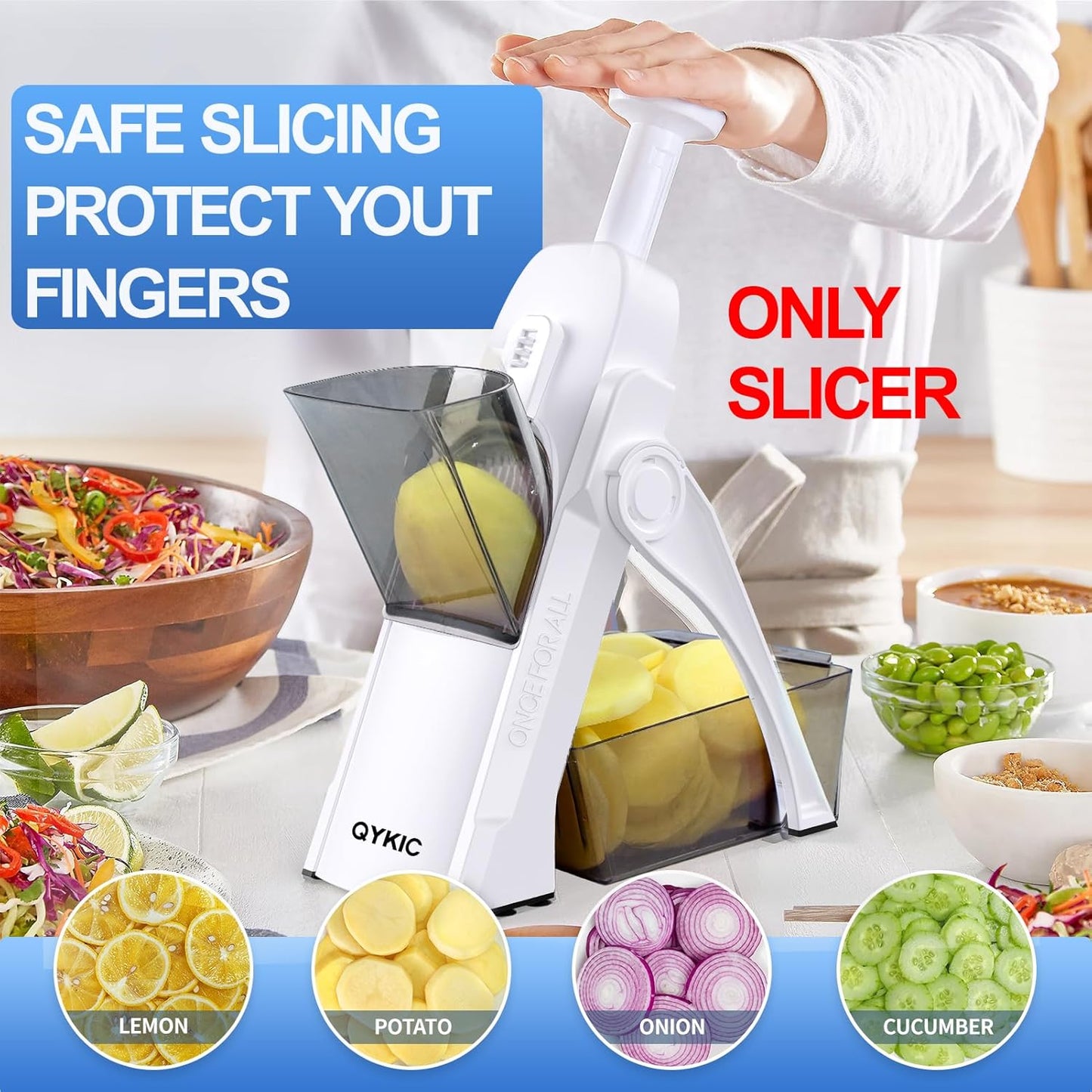 QYKIC Safe Mandoline Slicer,Vegetable Potato Slice Food Cutter for Kitchen,Thickness Adjustable Upright Veggie Chopper for Fast Meal prep (Gray)
