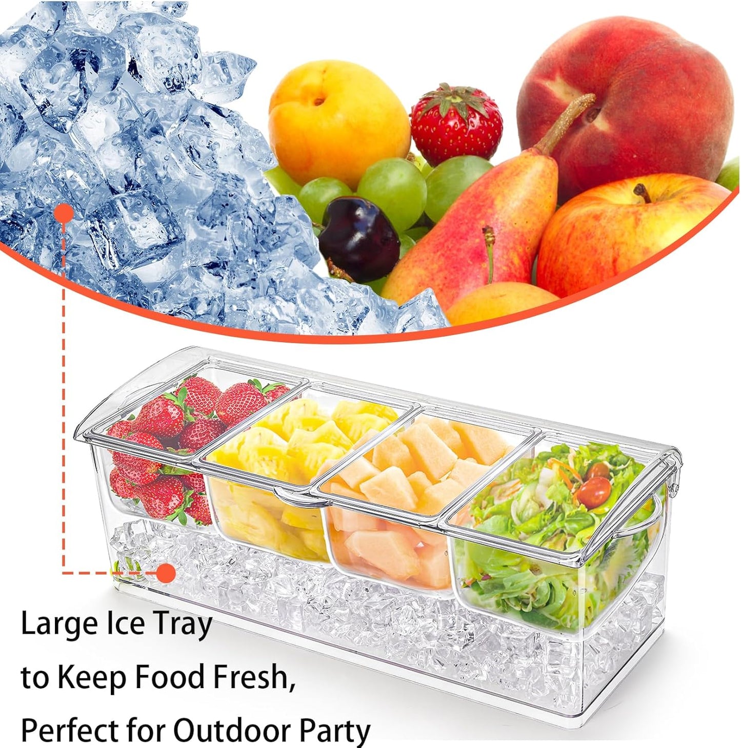Jucoan Large Ice Chilled Condiment Server with Lid, 4 Compartments Chilled Condiment Caddy, Bar Garnish Serving Platter Holder Tray for Mimosa Taco Salad Soda Lemonade Bar Supplies, 2 Tongs, 6 Forks