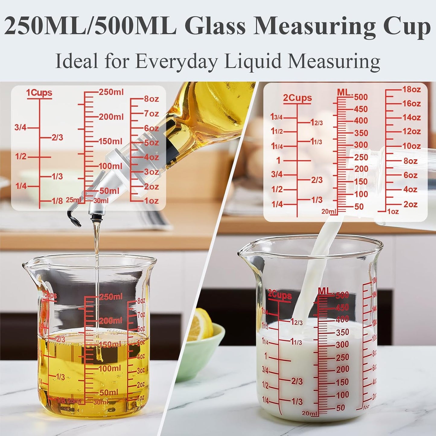 3 Piece Glass Measuring Cup Set, Includes 1/2-Cup, 1-Cup, and 2-Cup High Borosilicate Glasss Liquid Measuring Cups, Dishwasher, Freezer, Microwave, and Preheated Oven Safe, Essential Kitchen Tools