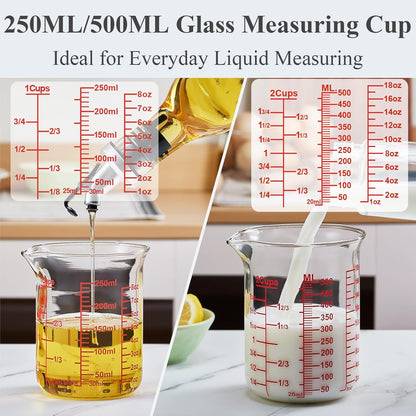 3 Piece Glass Measuring Cup Set, Includes 1/2-Cup, 1-Cup, and 2-Cup High Borosilicate Glasss Liquid Measuring Cups, Dishwasher, Freezer, Microwave, and Preheated Oven Safe, Essential Kitchen Tools