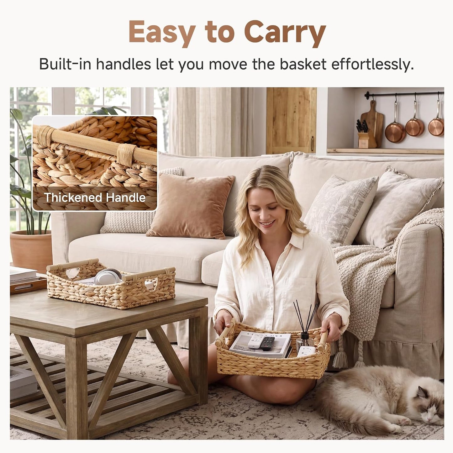 StorageWorks Wicker Baskets for Organizing, Water Hyacinth Storage Baskets with Handles, Woven Baskets for Pantry Storage, 13" x 8¼" x 7", 2-Pack