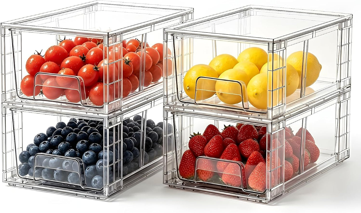 6 Pack Stackable Storage Drawers,Plastic Organizers Bins, Drawers Storage with Handles and Movable Dividers for Organization and Storage in Fridge,Bathroom, Pantry, Kitchen Cabinets, Under Sink