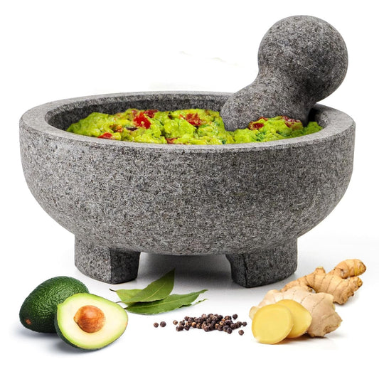 Luvan Large Mortar and Pestle Set,4 Cups Unpolished Granite Natural Stone Grinder Bowl for Molcajete Guacamole Bowl Crushing/Mexicano Guacamole,Spices Grinder,Herb Crusher,Salsa Pesto-8IN/Gray