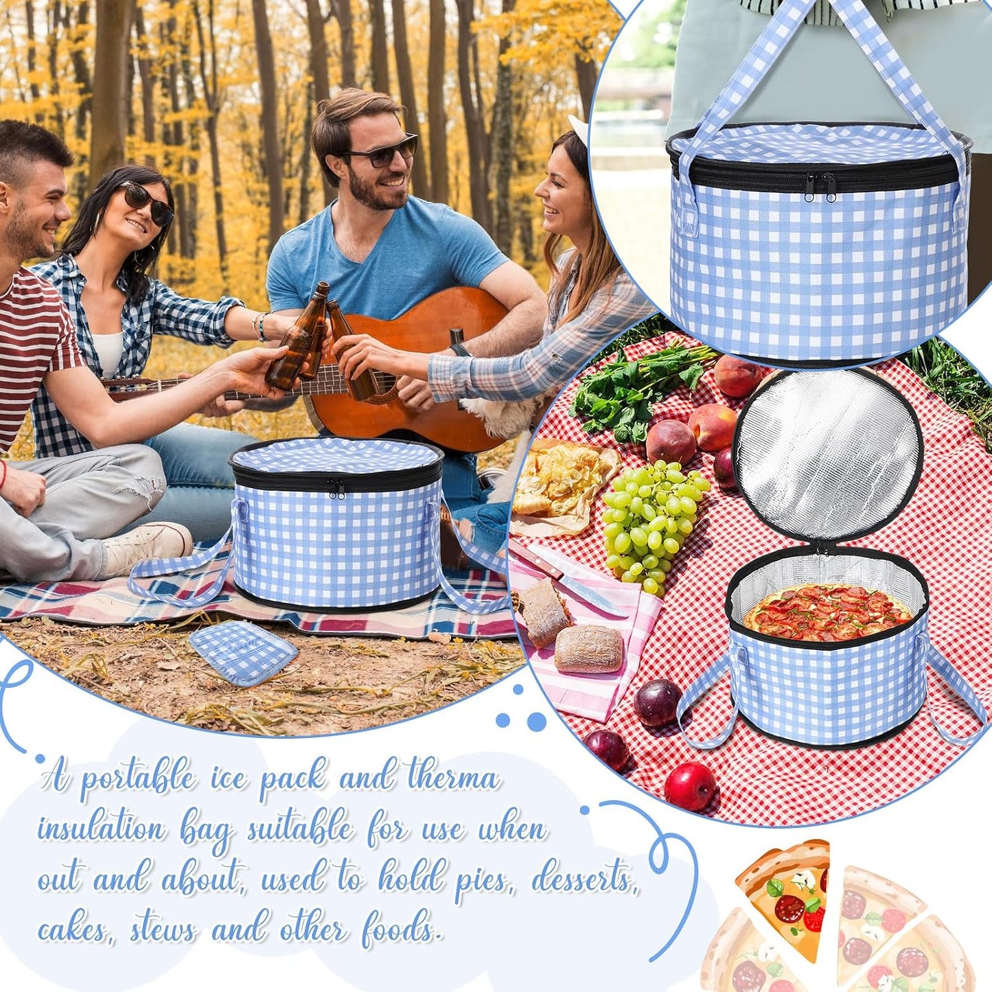 Pickmesh Round Pie Carrier 12 x 7 Inch Insulated Casserole Carriers with Lid and Detachable Handle Cake Carrier for Hot or Cold Food Transport Thanksgiving Christmas Gift (Blue and White Plaid)