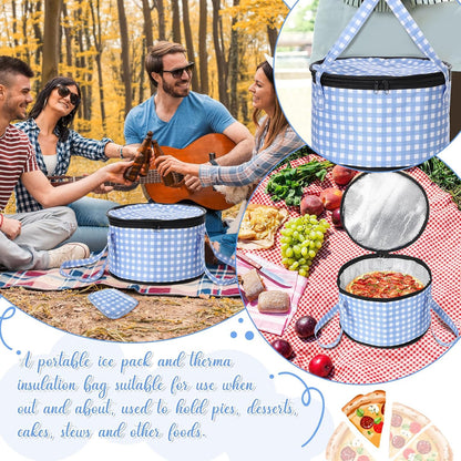Pickmesh Round Pie Carrier 12 x 7 Inch Insulated Casserole Carriers with Lid and Detachable Handle Cake Carrier for Hot or Cold Food Transport Thanksgiving Christmas Gift (Blue and White Plaid)