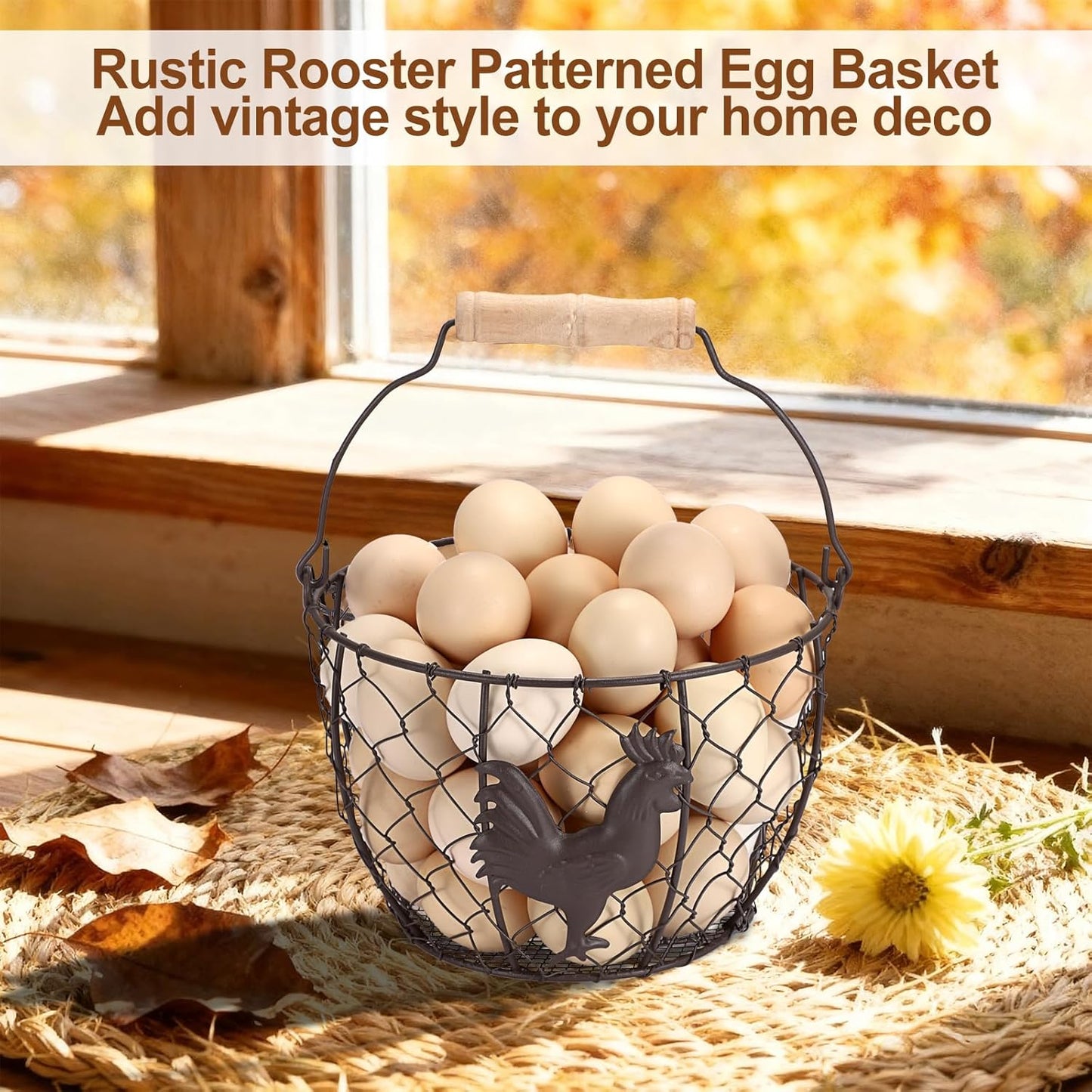 3 PCS 8’’ Farmhouse Egg Collecting Basket with Wood Handle, Rustic Metal Wire Chicken Eggs Holder Basket for Countertop Kitchen, Wire Egg Basket Vintage Style, Round, Rooster Pattern