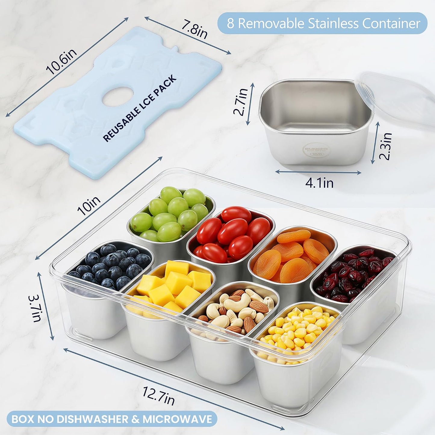 Snackle Box Container with Reusable Ice Pack, 8-Compartment Divided Serving Tray with Lid & Handle, Cooling Charcuterie Snack Box Organizer for Travel, Outdoor Parties, Beach & Picnic