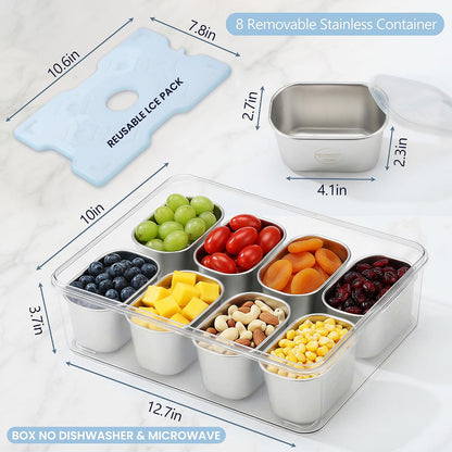 Snackle Box Container with Reusable Ice Pack, 8-Compartment Divided Serving Tray with Lid & Handle, Cooling Charcuterie Snack Box Organizer for Travel, Outdoor Parties, Beach & Picnic