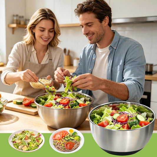 Stainless Steel Salad Spinner Large with 5 Blades Slicer, Vegetable Dryer, Non-Slip Base, Stop Button, Vegetable Fruits Chopper Bowl 5L Capacity with Egg Yolk Strainer