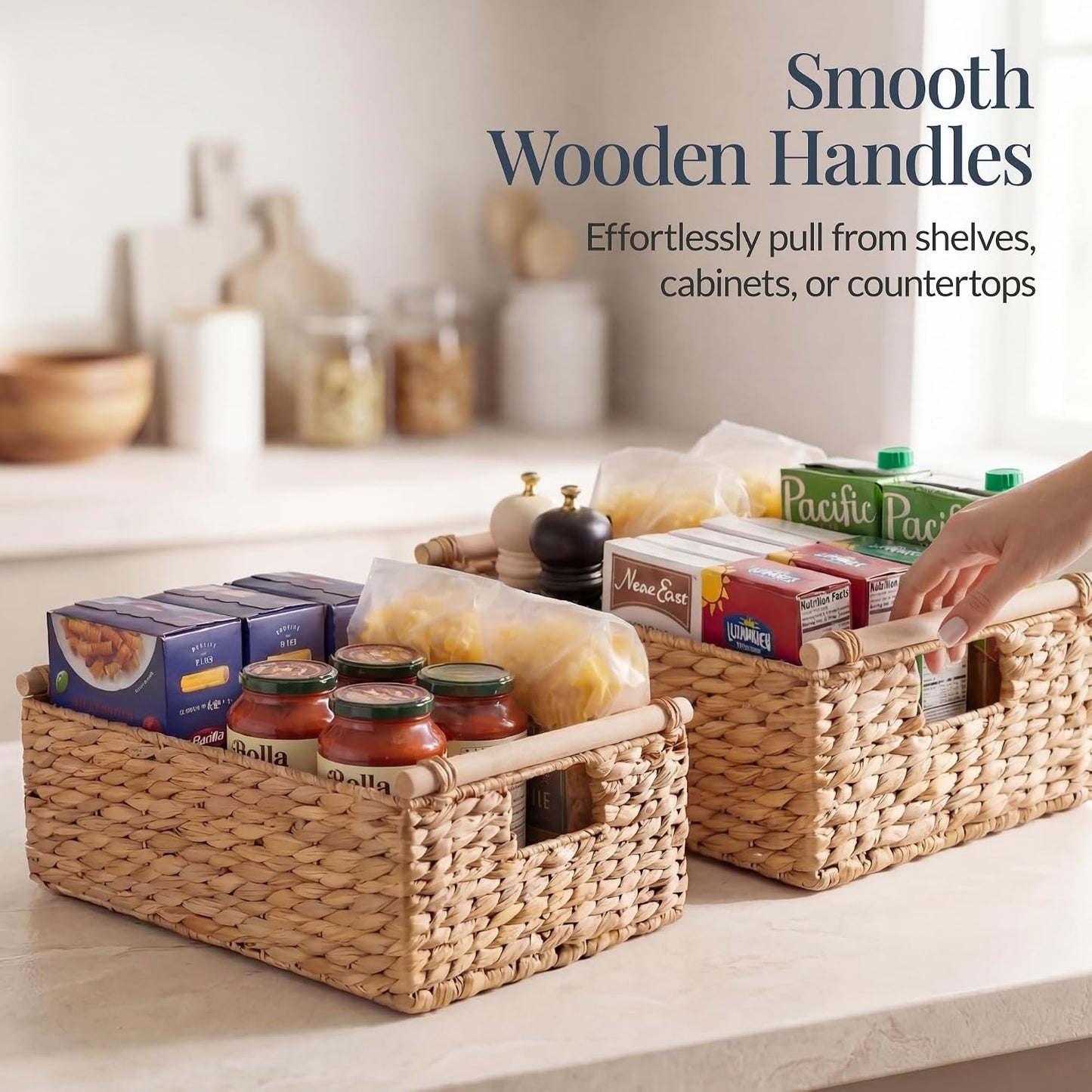 Best Choice Products Wicker Storage Basket, Shelf Organizer Basket w/Wooden Handles, Woven Rectangular Storage Bin, Natural Water Hyacinth for Pantry, Closet, Laundry Room, & Living Room - Chestnut
