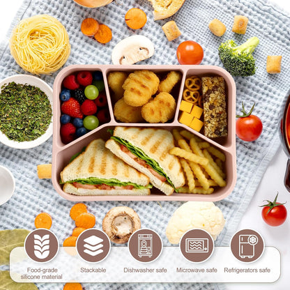 Honeydak 6 Pcs Silicone Bento Box Reusable Lunch Container 4 Compartment Snack Boxes with Lid Smooth LeakProof Rectangle Food Boxes for Adult Work Travel Food Storage (Cute Color)