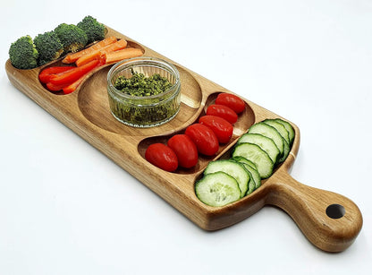 Acacia Wood Serving Platter 17.5 x 6 Long with Grooves & Handle. Luxury Snack Paddle Large XL Reversible Tray for Dinner Parties Chips Dips Crudités Cheese Charcuterie Gift (Long Rectangle)