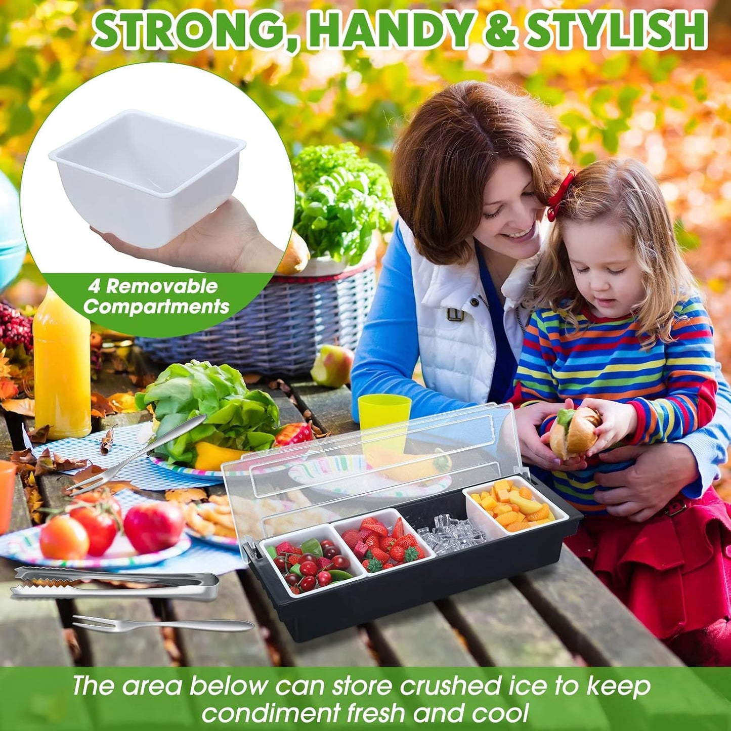 2 Ice Cooled Garnish Tray Deck Bar Garnish Caddy Condiment Containers with Lids and Removable Chilled Condiment Server with 6 Tongs and 6 Fruit Forks (6 Compartments)