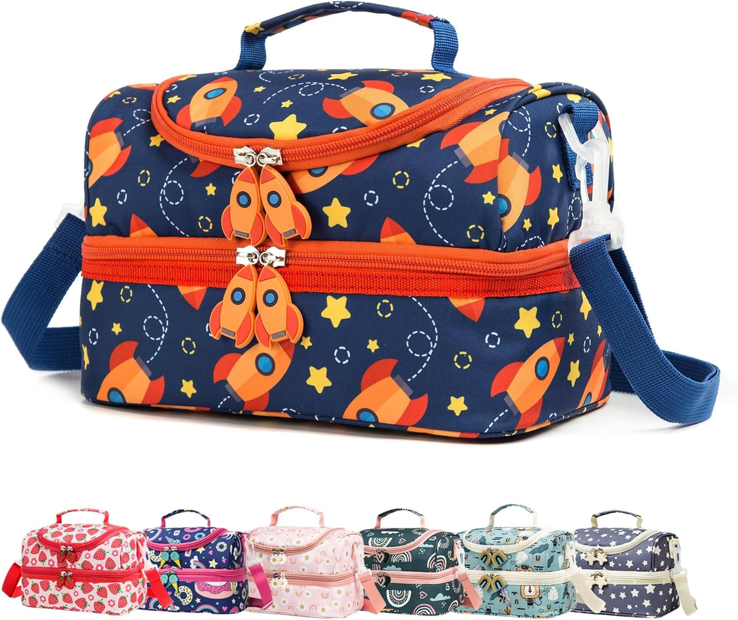 Insulated Kids Dual Compartment Lunch Bags Tote Pack for Girls Boys Toddler Kindergarten School Picnic Cooler Thermal Lunch Boxes with Strap (Green Rainbow)
