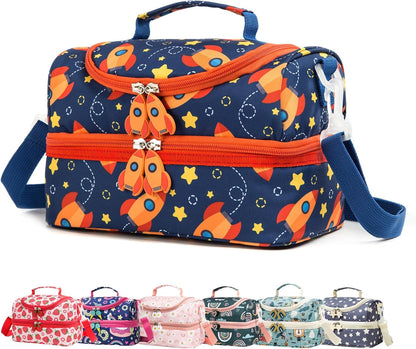 Insulated Kids Dual Compartment Lunch Bags Tote Pack for Girls Boys Toddler Kindergarten School Picnic Cooler Thermal Lunch Boxes with Strap (Green Rainbow)
