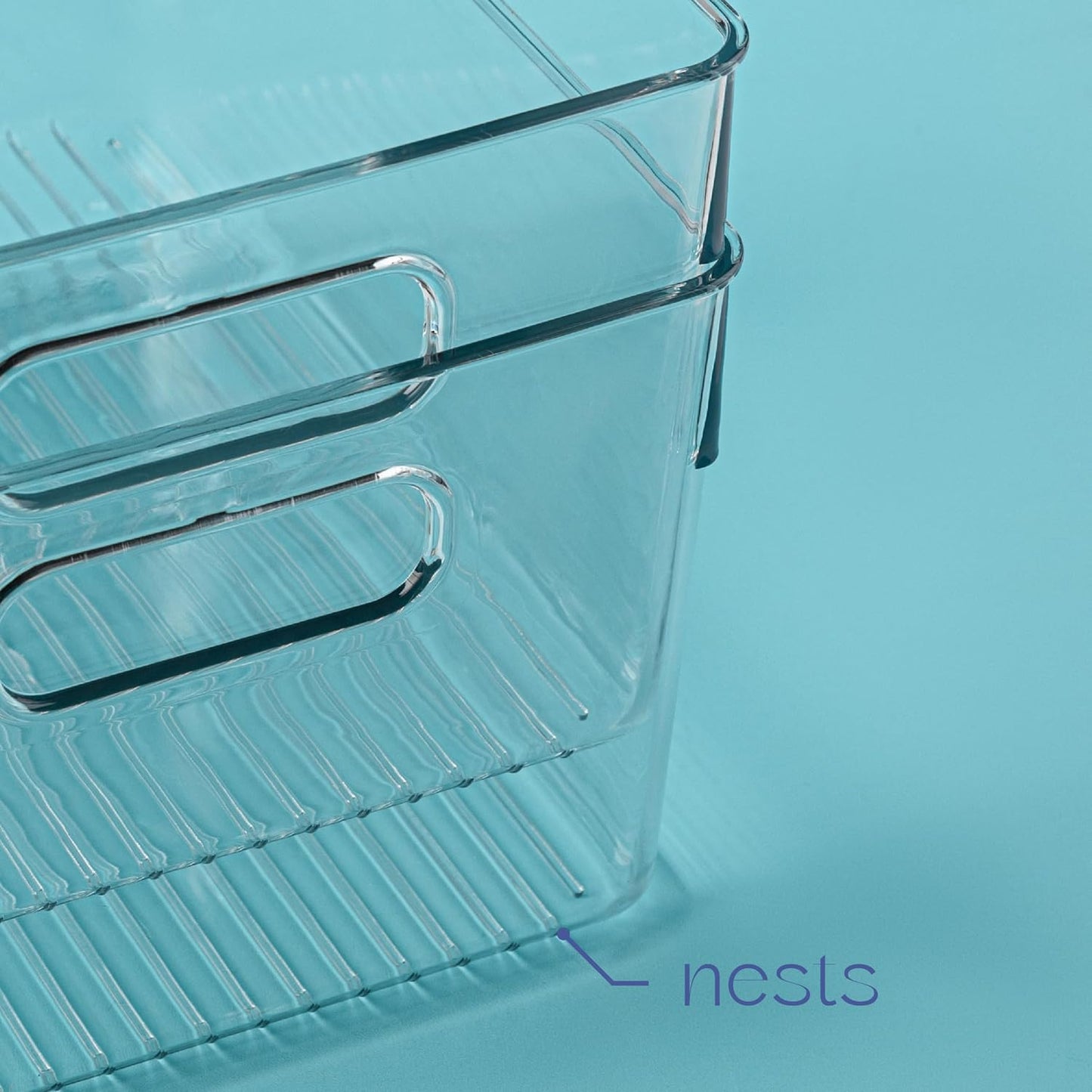 Plastic Food Storage 4 Pack Clear Container Bin with Handles for Organizing Kitchen, Pantry, Refrigerator, Freezer, Pantry, Cabinet, Closet, Bathroom. Stackable 10”x6”x3”
