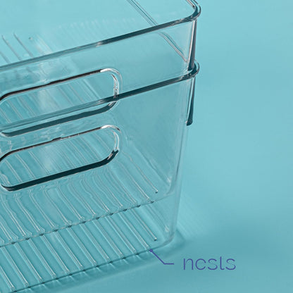 Plastic Food Storage 4 Pack Clear Container Bin with Handles for Organizing Kitchen, Pantry, Refrigerator, Freezer, Pantry, Cabinet, Closet, Bathroom. Stackable 10”x6”x3”