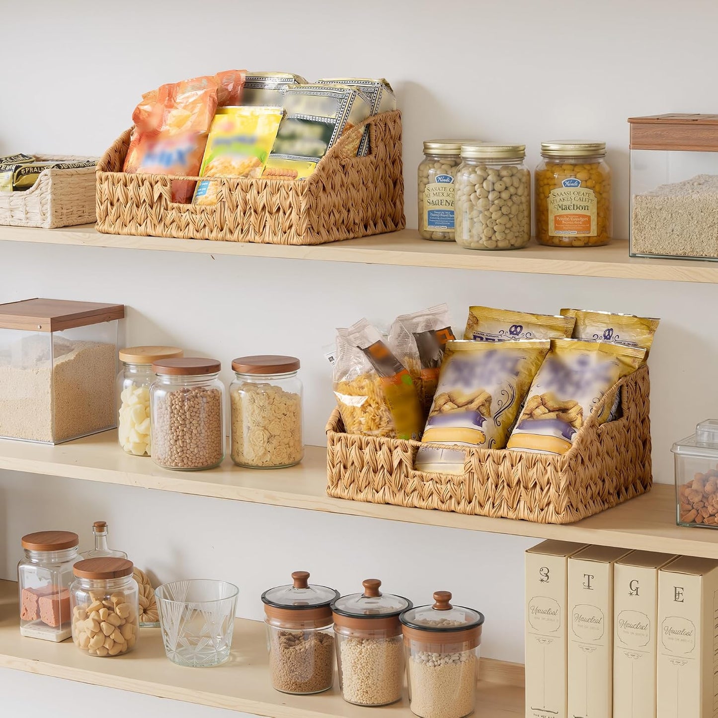 GRANNY SAYS Wicker Storage Baskets for Shelves, Trapezoid Woven Basket with Handles, Storage Wicker Baskets for Pantry, Water Hyacinth, 2-Pack