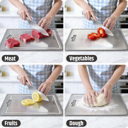 3-Piece Titanium Cutting Board for Kitchen, Double-Sided Scratch-Resistant Chopping Boards with Juice Grooves, Metal Cutting Boards with Non-Slip Mat, Dishwasher Safe for Fruit, Meat, Vegetables, Gray