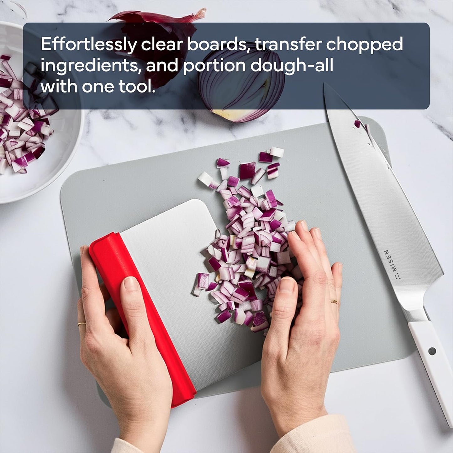 Misen Stainless Steel Bench Scraper - Versatile Food Scraper with Blue Handle - Ideal for Kitchen, Pastry & Dough - Durable Cutting Board Scraper Tool for Effortless Transfer into Pots & Pans - Blue