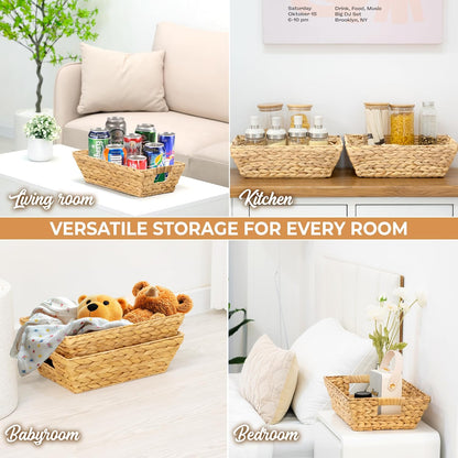 M4DECOR Set of 12 Water Hyacinth Wicker Storage Baskets for Shelves – Woven Snack Baskets for Organizing Pantry, Closet & Kitchen – Natural Storage Bins with Handles (12 Packs)