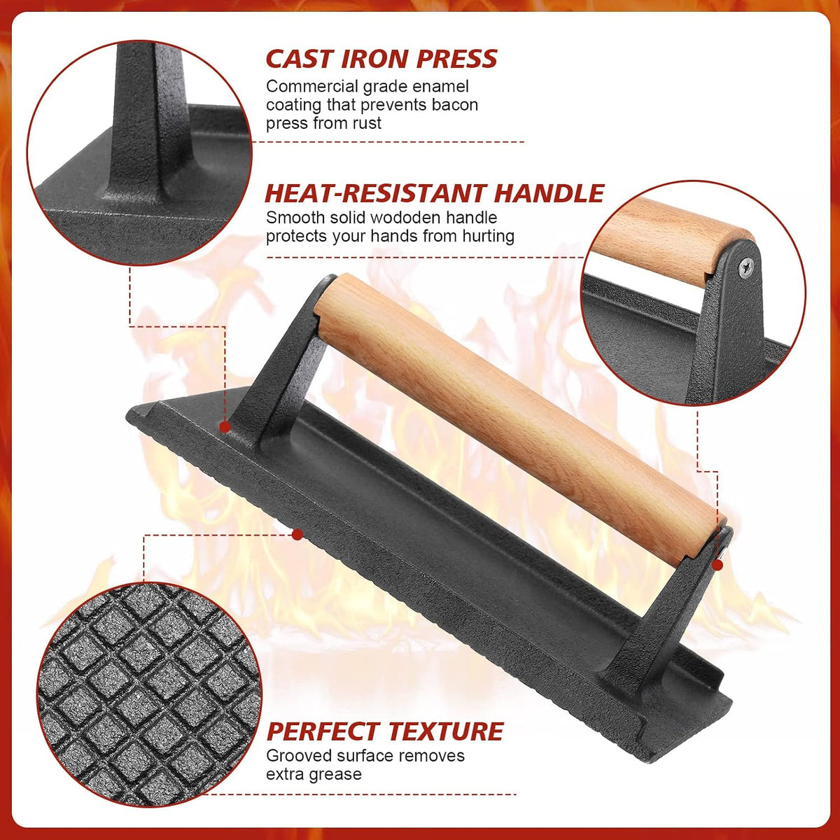 3 Pcs Cast Iron Grill Press 8 x 4 Inch Griddle Hamburger Press