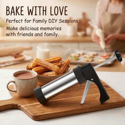 Stainless Steel Churro Maker and Cookie Press, 16 Discs, 8 Tips