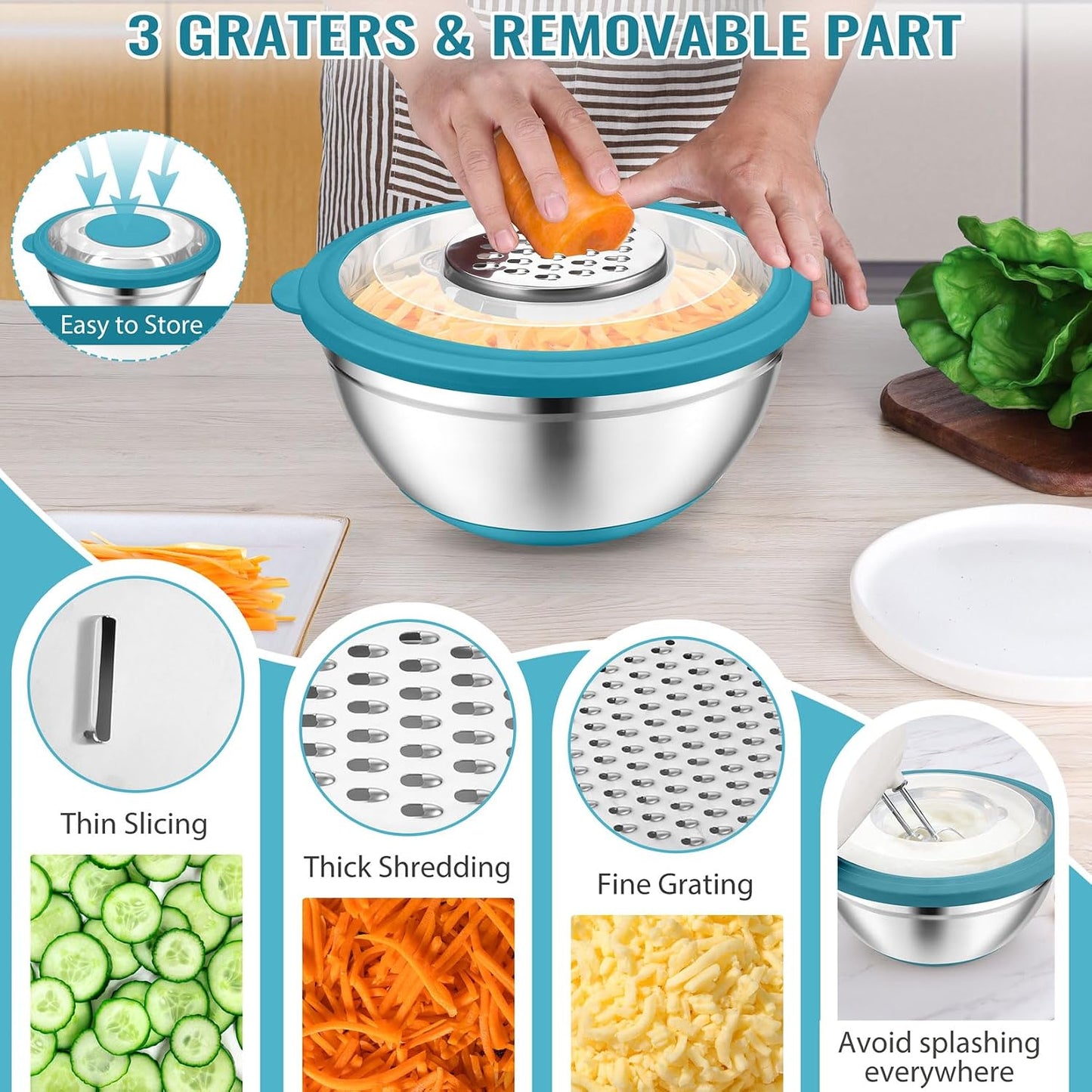 P&P CHEF 4-In-1 Stainless Steel Colander with Bowl Set, Rotatable Strainers for Kitchen, Fruit Cleaner, Washing Fruit & Draining Pasta, Mixing Bowl and Lid with Grater for Salad, Black