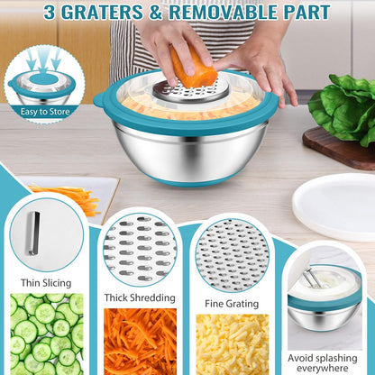 P&P CHEF 4-In-1 Stainless Steel Colander with Bowl Set, Rotatable Strainers for Kitchen, Fruit Cleaner, Washing Fruit & Draining Pasta, Mixing Bowl and Lid with Grater for Salad, Black