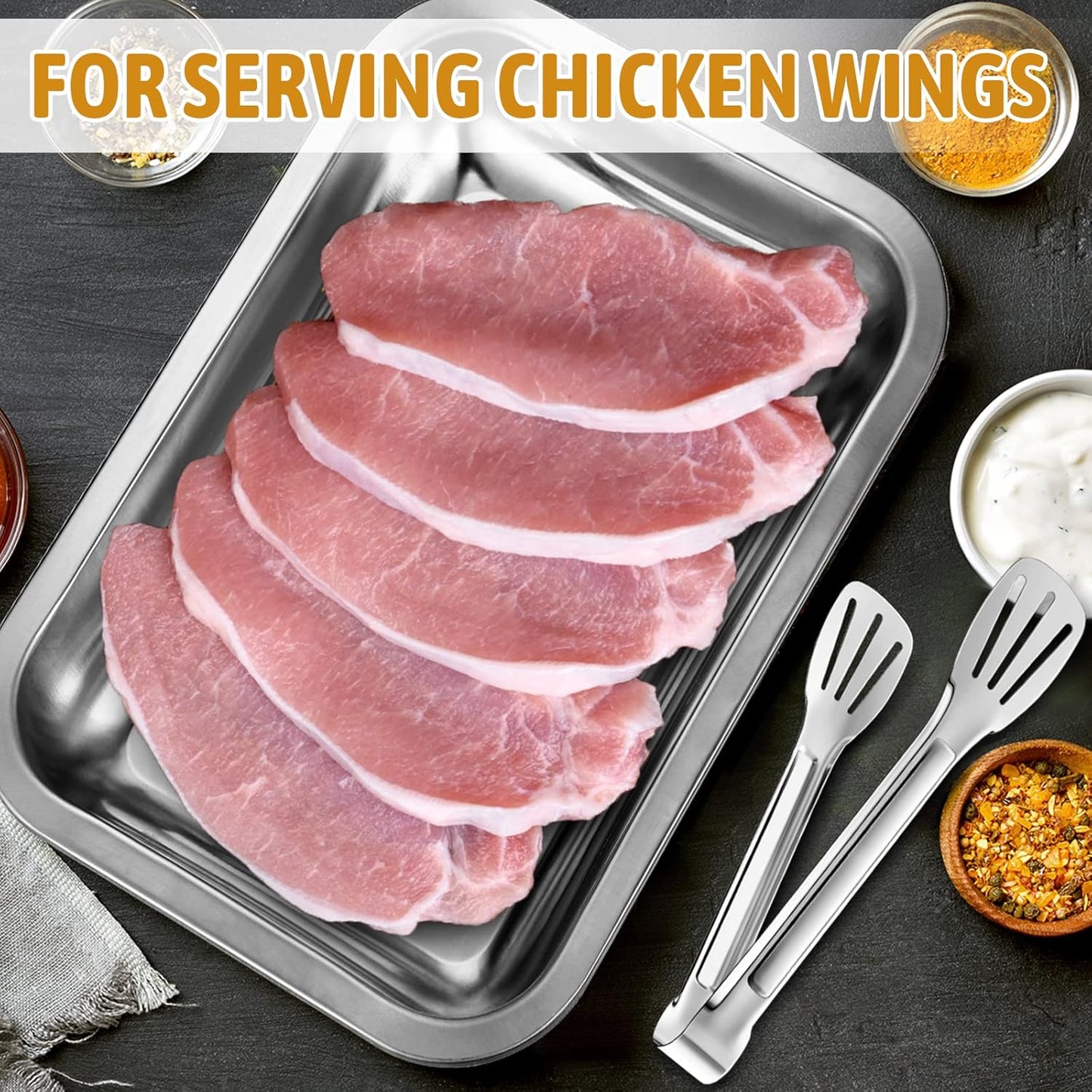 Mumufy Breading Trays Set of 3 Large Stainless Steel Breading Pans with Tong for Dredging Chicken Breasts and Marinating Meat, Food Prep Trays for Breadcrum Dishes (10.63 x 7.87 x 1.9 Inches)