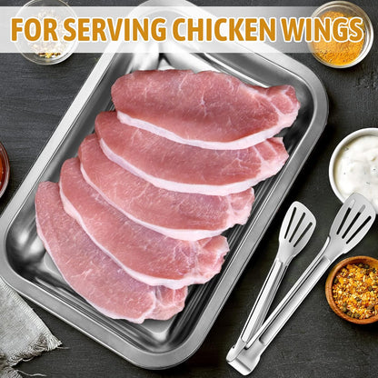 Mumufy Breading Trays Set of 3 Large Stainless Steel Breading Pans with Tong for Dredging Chicken Breasts and Marinating Meat, Food Prep Trays for Breadcrum Dishes (10.63 x 7.87 x 1.9 Inches)