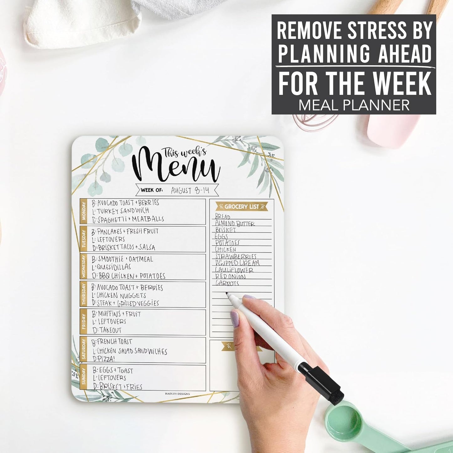 Hadley Designs Weekly Meal Planner for Fridge - Dinner Menu Board for Kitchen, Greenery Weekly Menu Board Dry Erase, Dry Erase Meal Planner for Fridge