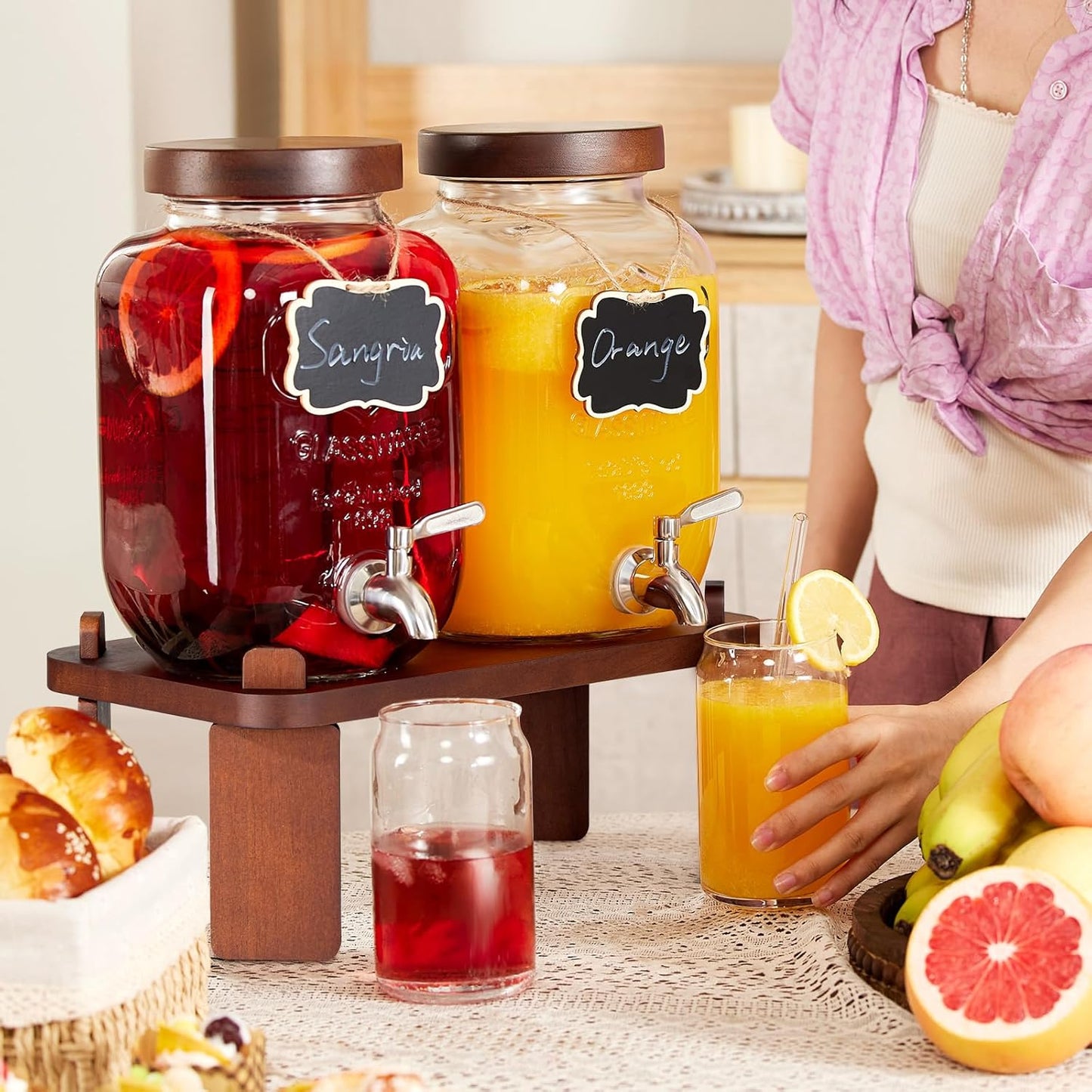1 Gallon Drink Dispenser for Parties,Glass Beverage Dispenser with Stand,Water Dispenser with 18/8 Stainless Steel Spigot,Lemonade Stand Dispenser for Fridge,Juice,Punch,Cocktails,Ice Tea & Sun Tea