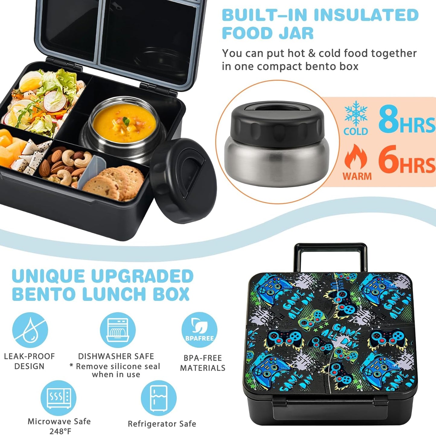 Bento Lunch Box with 9.5 oz Soup Thermo, Kids Leakproof 4 Compartments Bento Box with Silicone Cupcake,Fruit Fork,Spoon and Sauce Cup,Insulated Food Jar for School Travel-Black