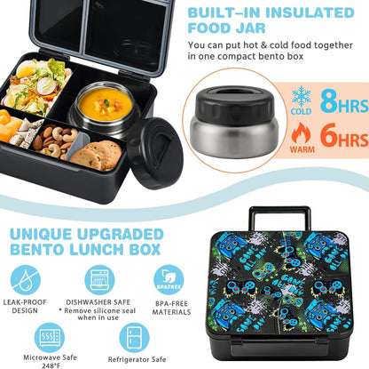 Bento Lunch Box with 9.5 oz Soup Thermo, Kids Leakproof 4 Compartments Bento Box with Silicone Cupcake,Fruit Fork,Spoon and Sauce Cup,Insulated Food Jar for School Travel-Black