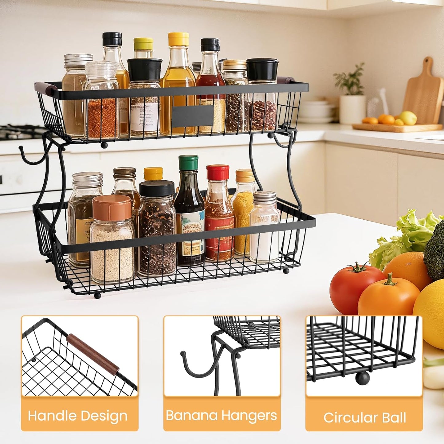 2-Tier Stackable Wire Basket with 2 Banana Hooks, Pantry Organizer for Kitchen Countertops, Cabinets & Under-Sink Spaces; Ideal for Storing Snacks, Fruits, Veggies, Onions, Potatoes, & More,Black
