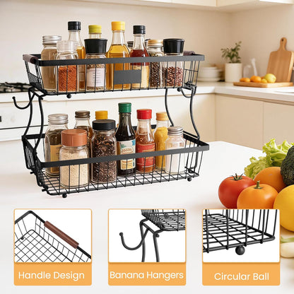2-Tier Stackable Wire Basket with 2 Banana Hooks, Pantry Organizer for Kitchen Countertops, Cabinets & Under-Sink Spaces; Ideal for Storing Snacks, Fruits, Veggies, Onions, Potatoes, & More,Black