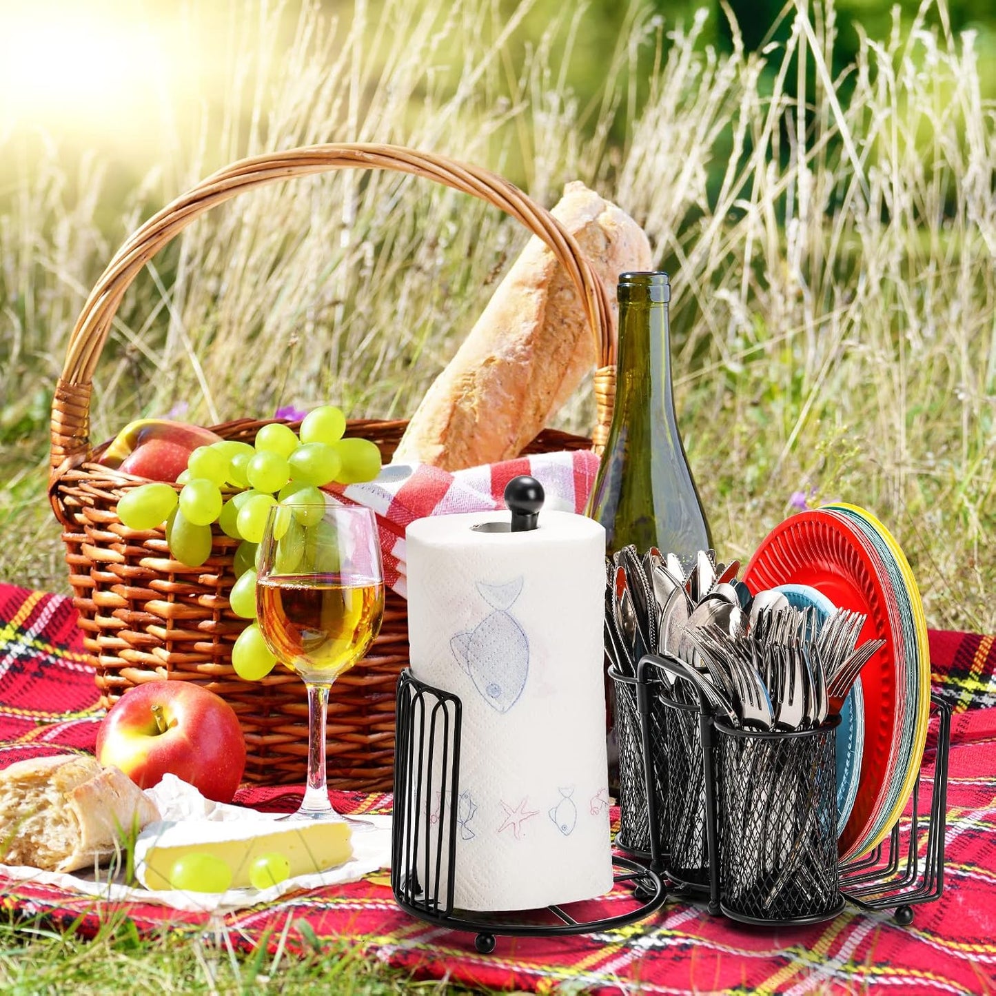 Elsjoy Picnic Utensil Holder Caddy with Handle & Paper Towel Holder, Metal Silverware Organizer Portable Flatware Holder for Cutlery, Fork, Spoon, Plate, Napkin