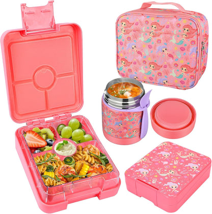 Pawtong Bento Lunch Box Set With 10oz Soup Thermo, Leak-proof Lunch Containers with 4 Compartment, Kids Hot Thermo Food Jar/Insulation Lunch Bag, Food Containers for School（Dinosaur）