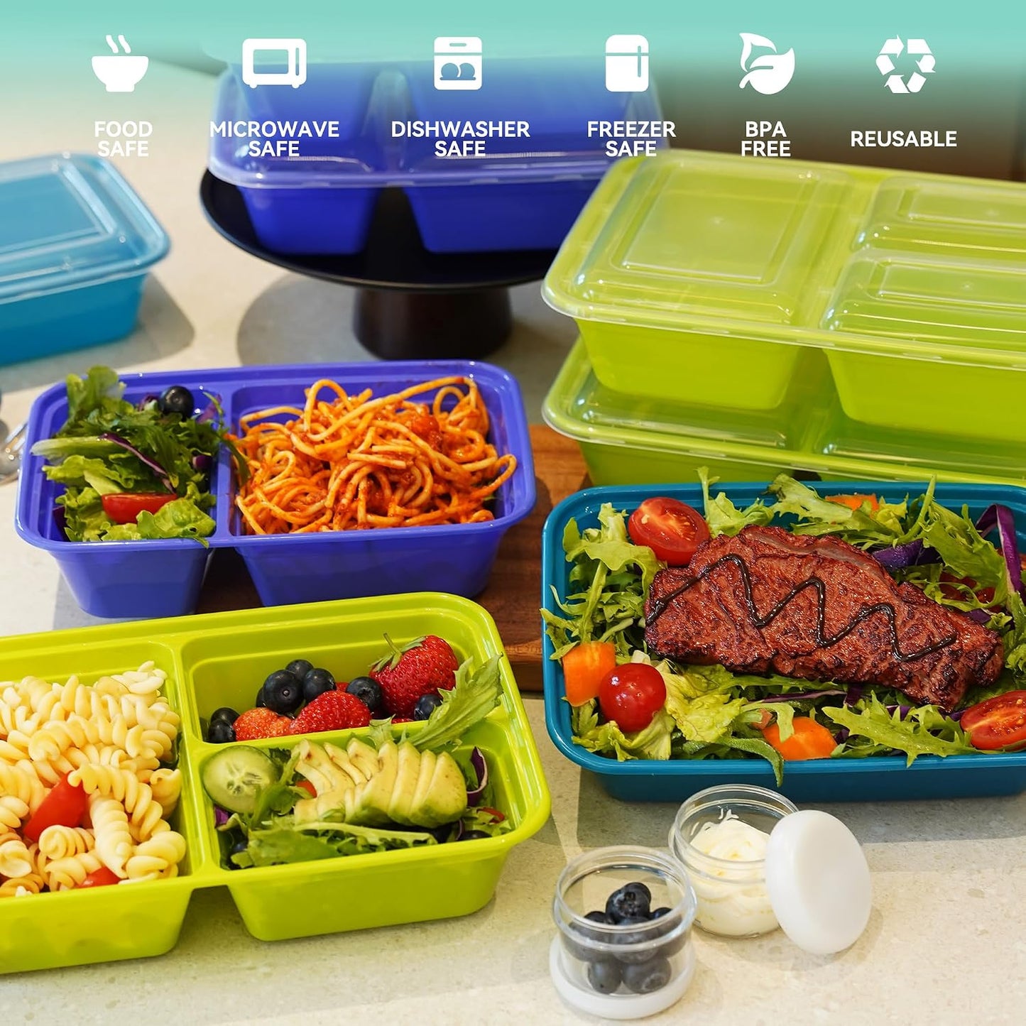 LISI 100-Piece Meal Prep Containers, 33oz Large Food Storage Containers with lids with 1, 2, 3-Compartment, Freezer Safe To-Go/Take-Out Boxes, Includes 5-Pack 2oz Dressing Cups for Take Out