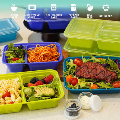 LISI 100-Piece Meal Prep Containers, 33oz Large Food Storage Containers with lids with 1, 2, 3-Compartment, Freezer Safe To-Go/Take-Out Boxes, Includes 5-Pack 2oz Dressing Cups for Take Out