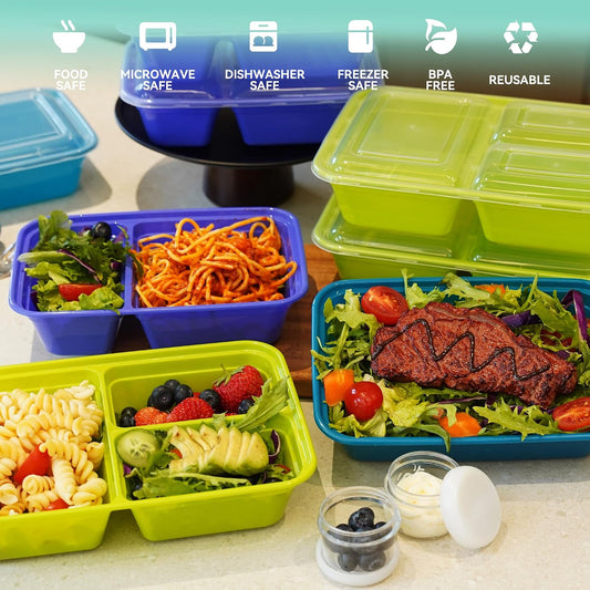 LISI 100-Piece Meal Prep Containers, 33oz Large Food Storage Containers with lids with 1, 2, 3-Compartment, Freezer Safe To-Go/Take-Out Boxes, Includes 5-Pack 2oz Dressing Cups for Take Out
