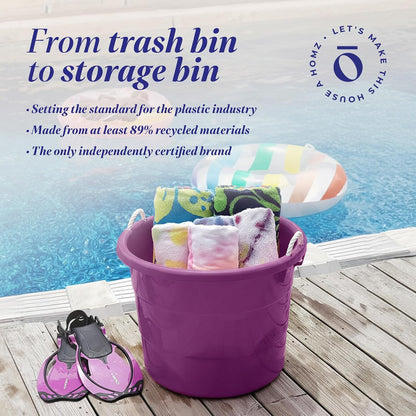 HOMZ 2-Pack Utility Tub, Large Plastic Storage Bucket with Rope Handles, 17 Gallon, Black - Portable Indoor and Outdoor Buckets for Kitchen, Laundry, Garden, Bathroom, and Garage Organization