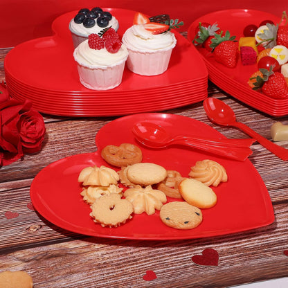 Layhit 38 Pieces Valentines Heart Shaped Plates Spoon Set Include 18 Pcs 10 Inch Valentines Day Heart Shaped Food Tray 20 Pcs Plastic Spoon Salad Dessert Plate for Party Supplies(Red)