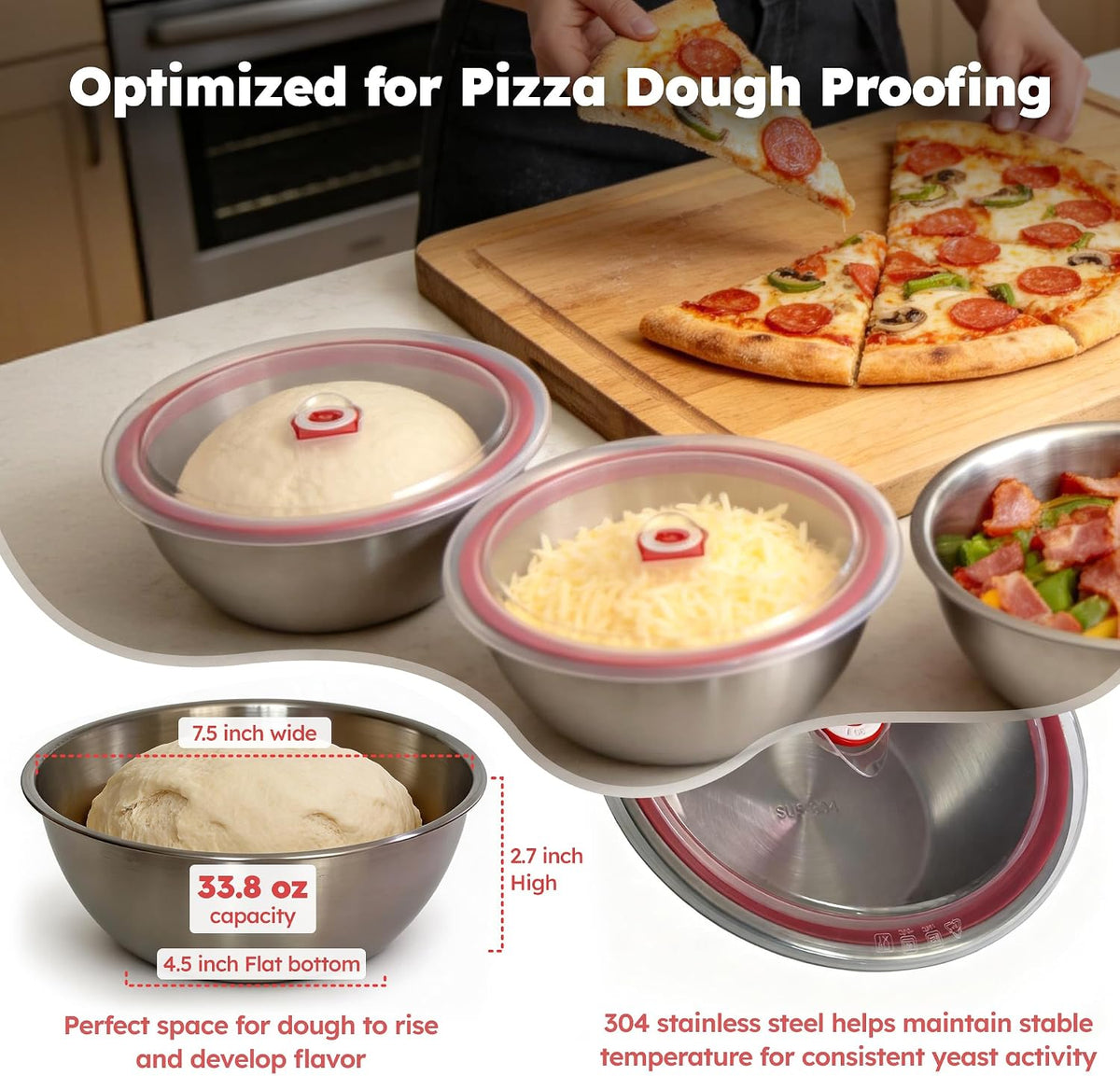 4-Pack Stainless Steel Pizza Dough Proofing Box with Clear Lids (1000ml)