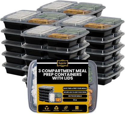 Superior 10 Pack Meal Prep Containers - 32oz Reusable 3 Compartment Food Containers–Microwave and Dishwasher Safe Prep Plastic Food Containers with Lid Divided Bento Box Lunch Tray