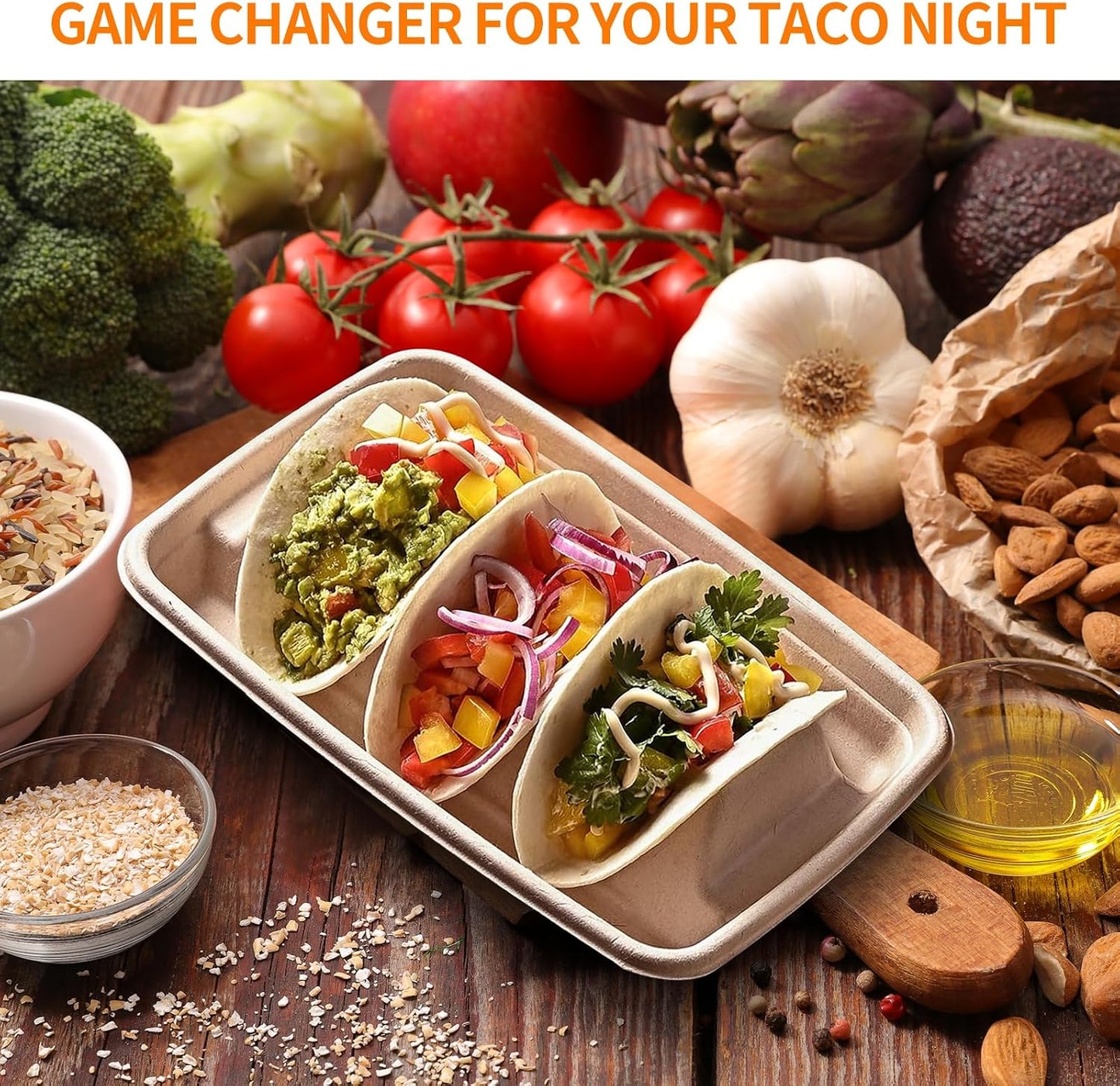 15PCS Disposable Taco Holders for Party, Premium Paper Taco Plates with Dividers, Fiesta Taco Tray Holder, Taco Stands for 3 Tacos, Taco Tuesday Lazy Susan Taco Bar Serving Set for a Party