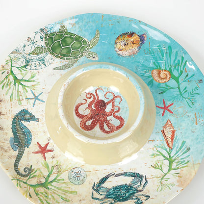 UP Sea Life Melamine Chip and Dip Serving Tray, Round Serving Platter for Chips, Salsa, Fruit, and Snacks, Multicolor, 13.5 Inch